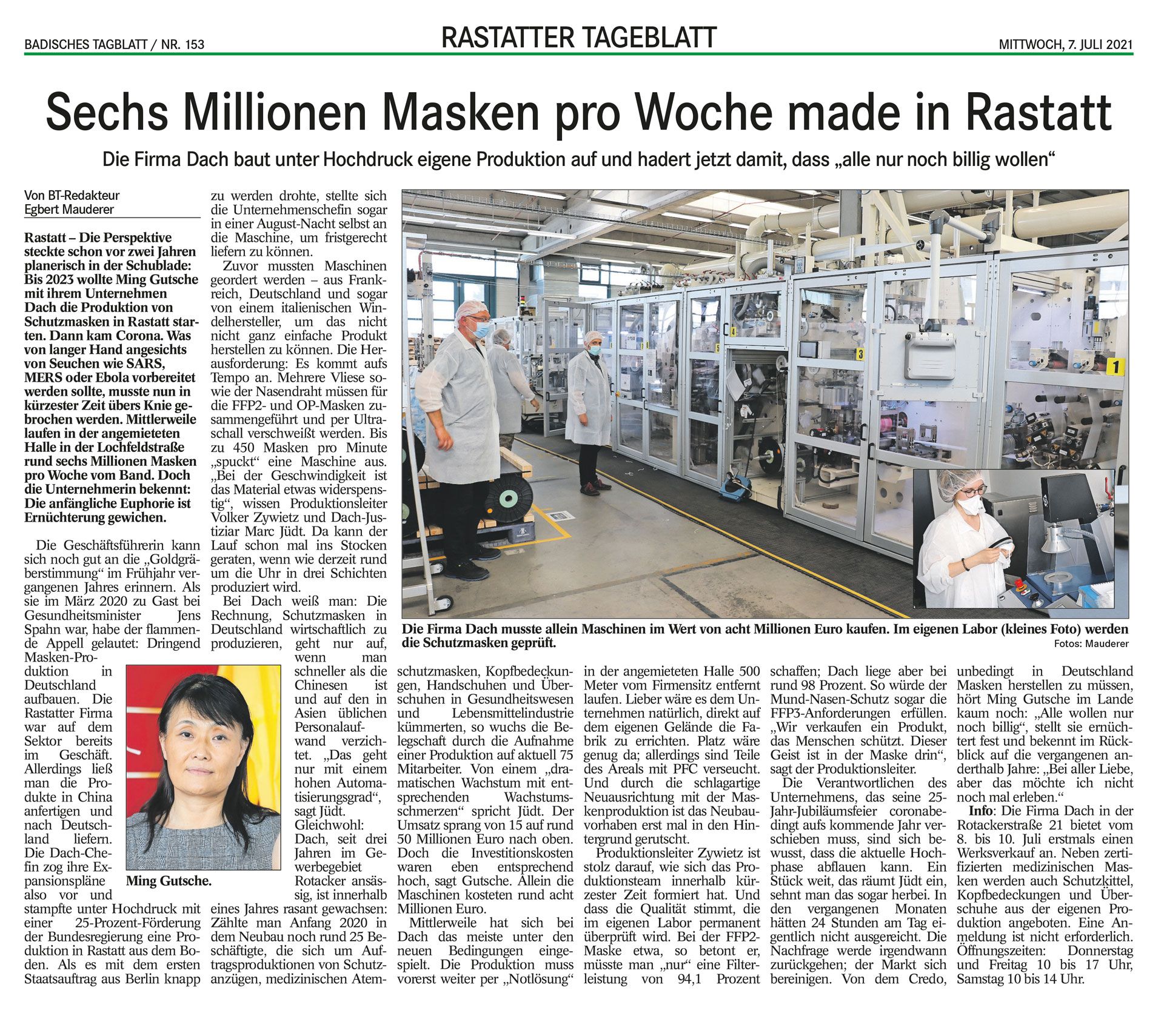 Rastatter Tagblatt: Sechs Millionen Masken pro Woche